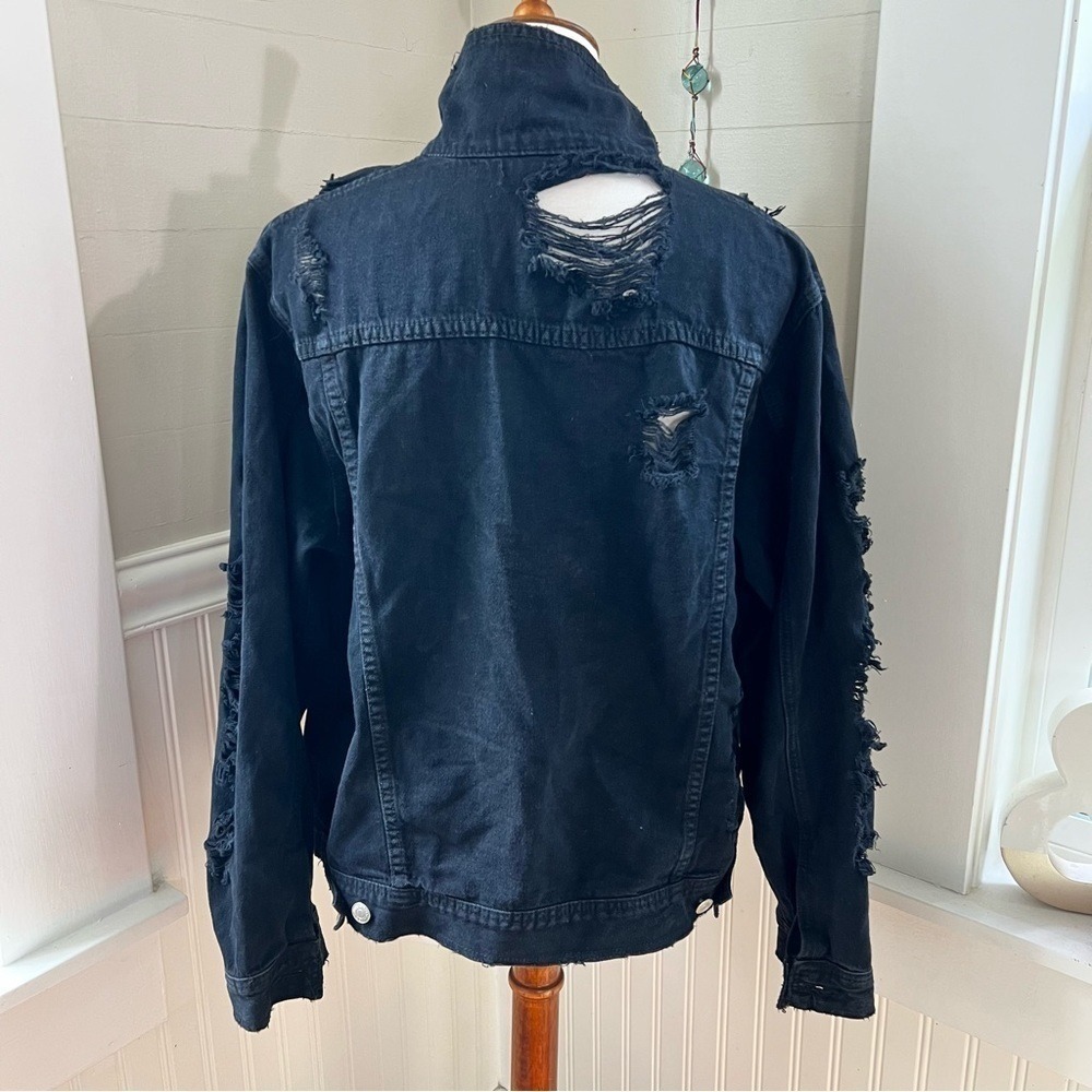 ASOS Thrashed Black Denim Trucker Jacket Destroyed Distressed Size Medium - Picture 4 of 14
